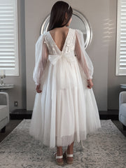 Alyssa Girls Ivory Long Sleeve Dress - Full Length - A Little Lacey