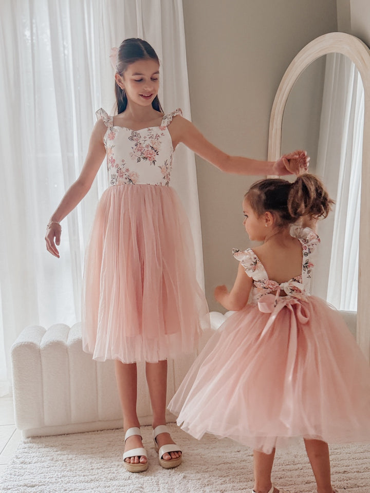 Sister matching photo featuring Audrey Rose dusty pink dresses