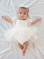 Callista Puff Sleeve White Baby Dress - A Little Lacey