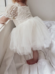 Callista Puff Sleeve Ivory Baby Dress - A Little Lacey