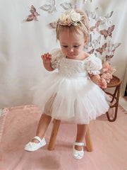 Callista Puff Sleeve White Baby Dress - A Little Lacey
