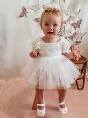 Callista Puff Sleeve White Baby Dress - A Little Lacey