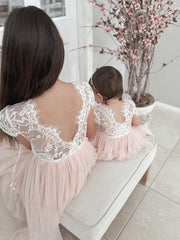 Celeste Girls Dress - White & Peach - A Little Lacey