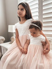 Celeste Girls Dress - White & Peach - A Little Lacey