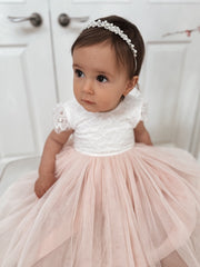 Celeste Girls Dress - White & Peach - A Little Lacey