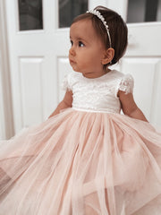 Celeste Girls Dress - White & Peach - A Little Lacey