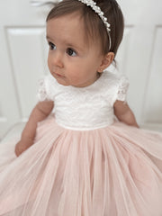 Celeste Girls Dress - White & Peach - A Little Lacey