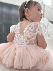 Celeste Girls Dress - White & Peach - A Little Lacey