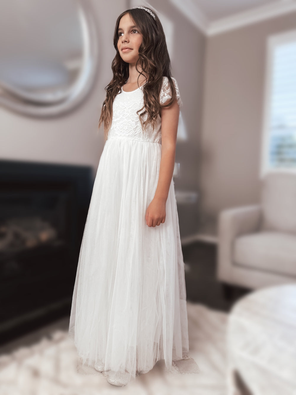 Celeste Girls White Lace & Tulle Dress - Girls White DressesWhite first communion dress - full length dress