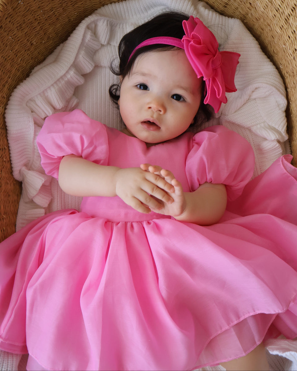 Delia Baby Girls Hot Pink Dress – Puff Sleeve Baby Party Dress