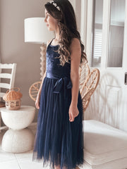 Ebony Girls Velvet Dress - Navy - A Little Lacey