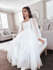 Ellie Long Sleeve Girls White Dress - A Little Lacey