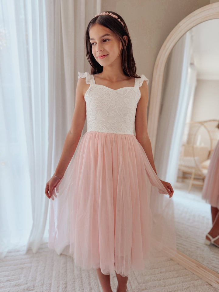 Girls soft pink tulle dress with lace bodice and ruffle shoulders