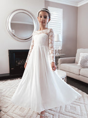 Hailey Girls Long Sleeve White Lace Dress - A Little Lacey