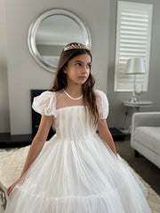 Harmony Puff Sleeve Girls White Dress - A Little Lacey