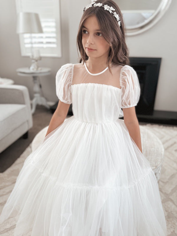 Harmony Puff Sleeve Girls White Dress - Flower Girl Dresses