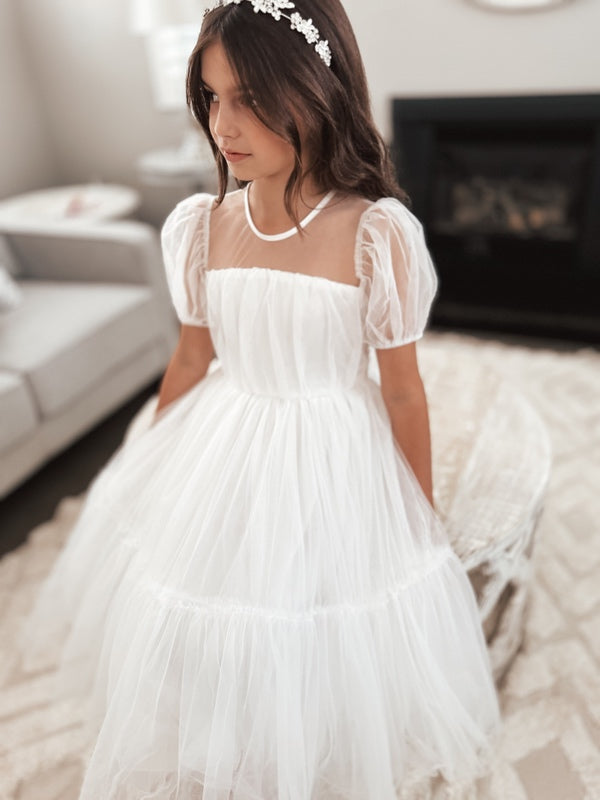 Harmony Puff Sleeve Girls White Dress - Girls White Dresses