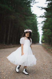 Harmony Puff Sleeve Girls White Dress - A Little Lacey