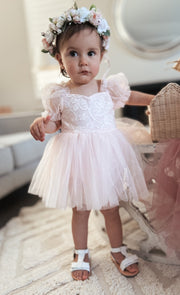 Harper Puff Sleeve Pink Baby Romper - A Little Lacey