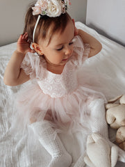 Harper Puff Sleeve Pink Baby Romper - A Little Lacey