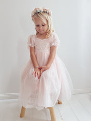 Harper Puff Sleeve Pink Girls Dress - A Little Lacey