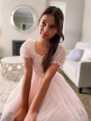 Harper Puff Sleeve Pink Girls Dress - A Little Lacey
