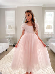 Harper Puff Sleeve Pink Girls Dress - A Little Lacey