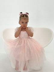 Harper Puff Sleeve Pink Girls Dress - A Little Lacey