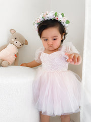 Harper Puff Sleeve Pink Baby Romper - A Little Lacey