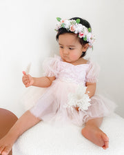 Harper Puff Sleeve Pink Baby Romper - A Little Lacey
