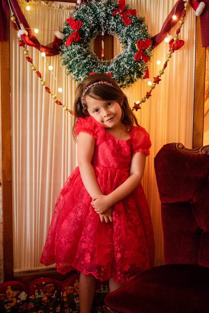 Isla Rose girls red Christmas dress, embroidered lace front view