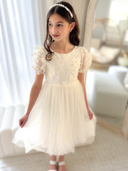 Laura Puff Sleeve Ivory Flower Girl Dress - A Little Lacey