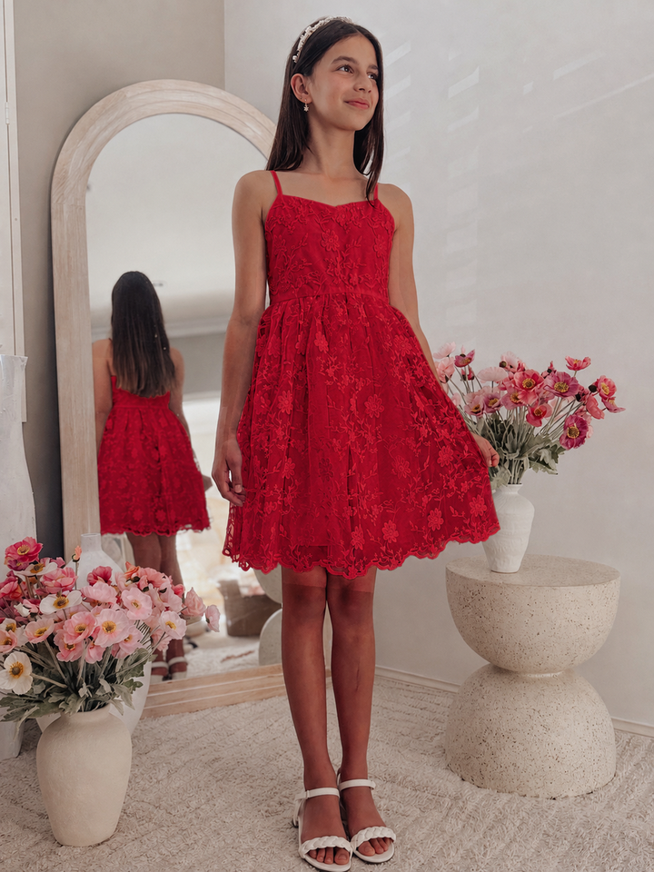 Lucia Girls Red Embroidered Dress, full-length front view.