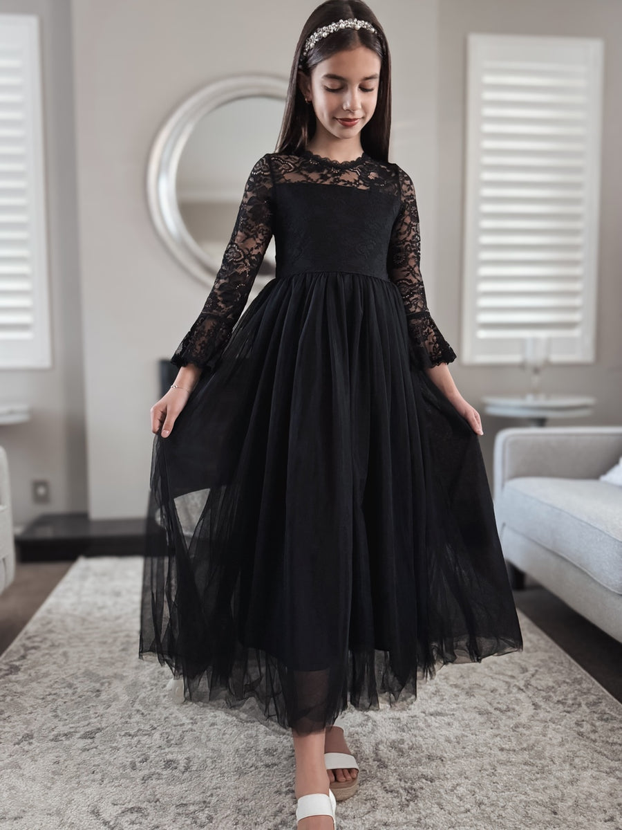 Melody Long Sleeve Girls Black Dress – A Little Lacey