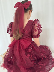 Vienna Girls 3D Embroidery Dress - Burgundy - A Little Lacey