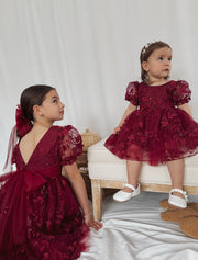 Vienna Girls 3D Embroidery Dress - Burgundy - A Little Lacey