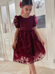 Vienna Girls 3D Embroidery Dress - Burgundy - A Little Lacey
