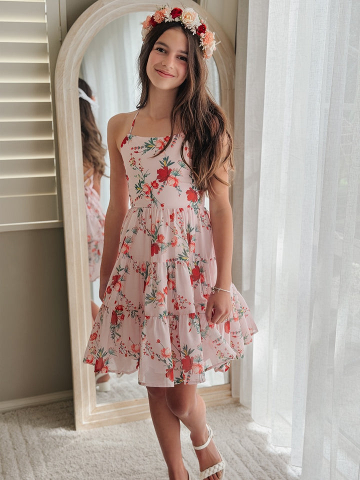 Phoebe Red Floral Girls Dress on blush pink, front view.