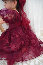 Vienna Girls 3D Embroidery Dress - Burgundy - A Little Lacey