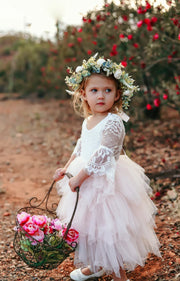 Aurora Grace Dress With Sleeves - White & Peach - A Little Lacey