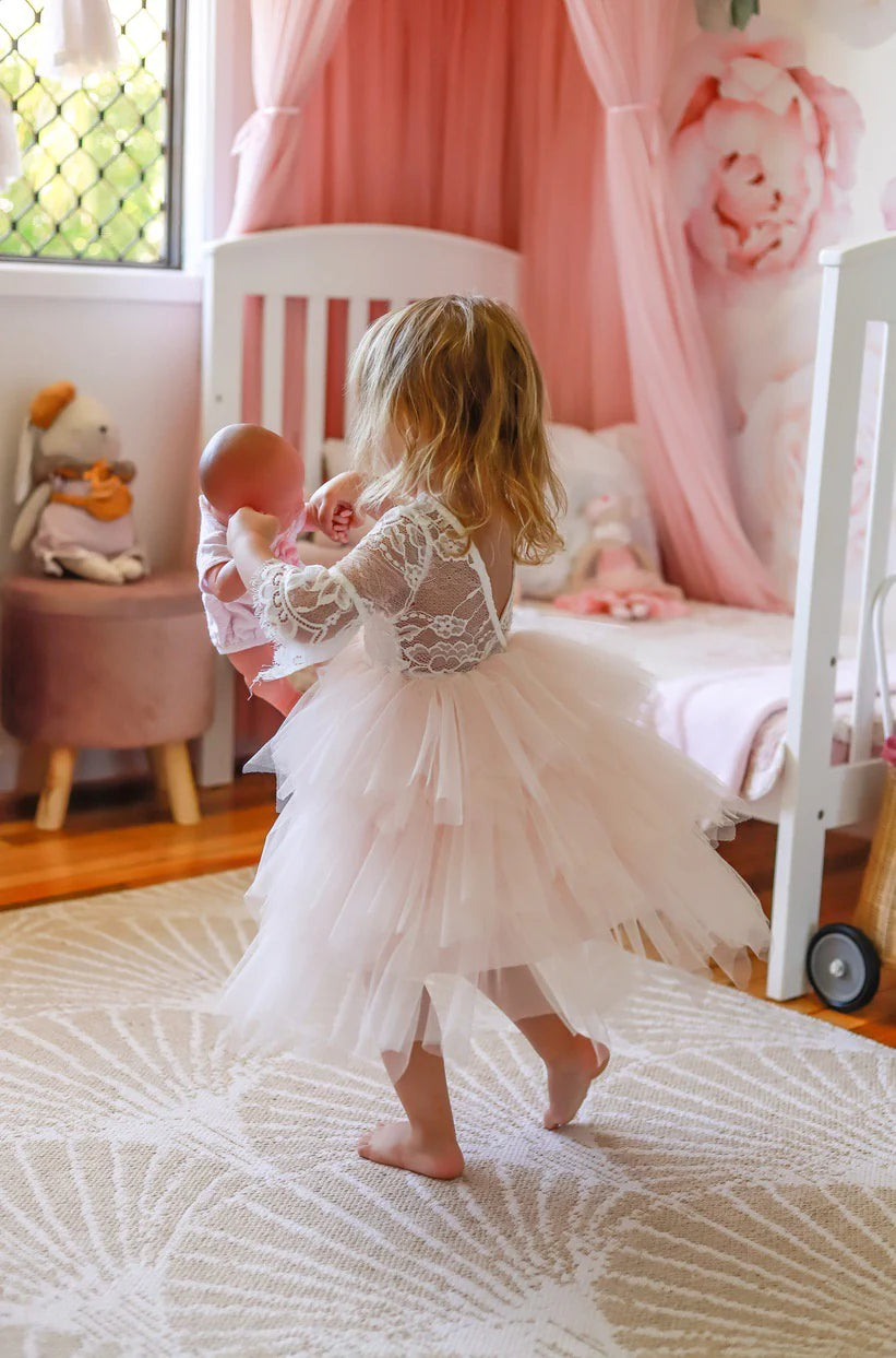 Aurora Grace Dress With Sleeves - White & Peach - Baby Dresses