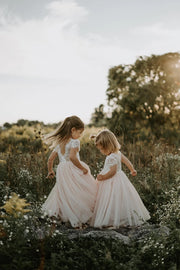 Celeste Girls Dress - White & Peach - A Little Lacey