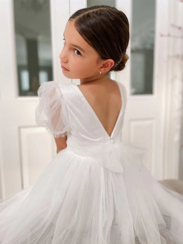 Nina Puff Sleeve Flower Girl Dress - Girls White Dresses