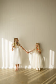Laura Puff Sleeve White Flower Girl Dress - A Little Lacey