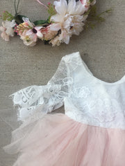 Aurora Grace Dress With Sleeves - White & Peach - A Little Lacey