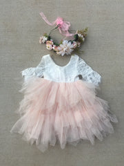 Aurora Grace Dress With Sleeves - White & Peach - A Little Lacey
