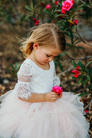 Aurora Grace Dress With Sleeves - White & Peach - A Little Lacey