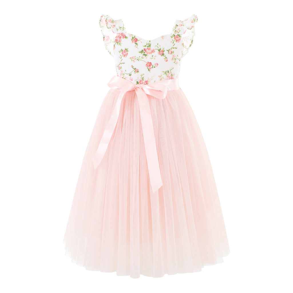 Audrey Vintage Peach Girls Tulle Dress - Girls Floral Dresses
