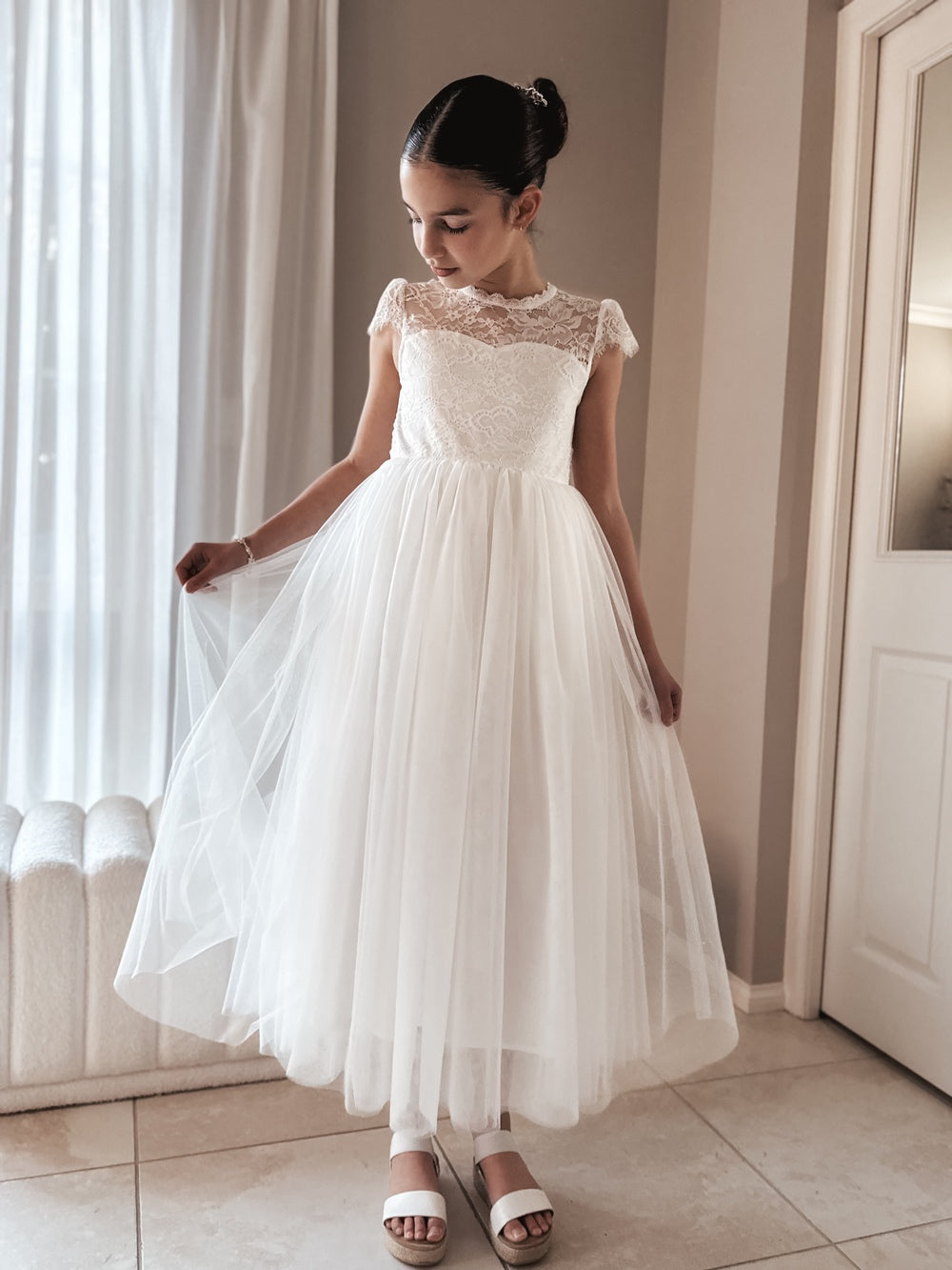 Abby Grace White Lace Dress – full-length white tulle dress for girls by A Little Lacey
