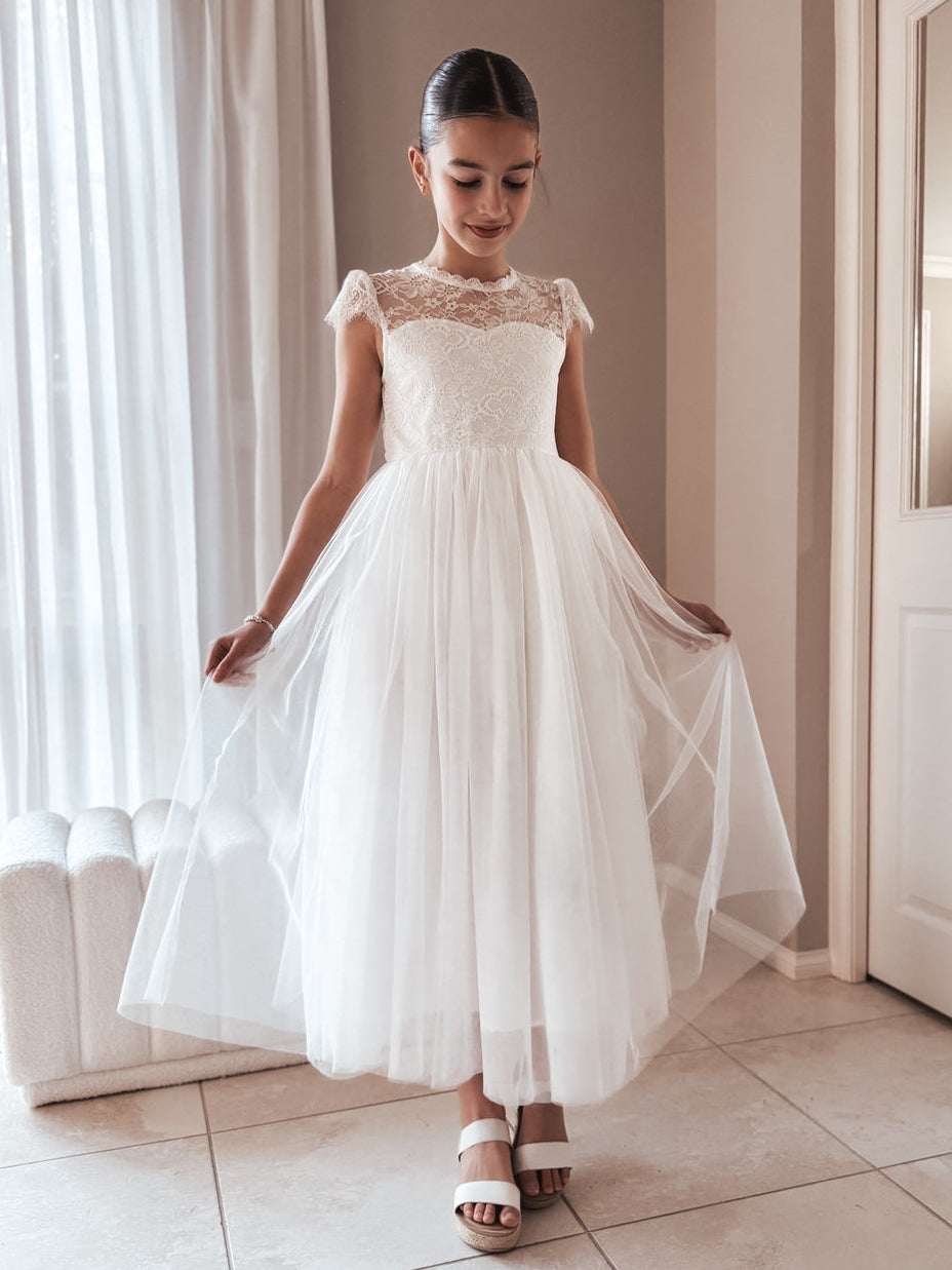 Abby Grace White Lace Dress - Communion DressesFront view of Abby Grace White Lace Dress – lace bodice and sweetheart neckline